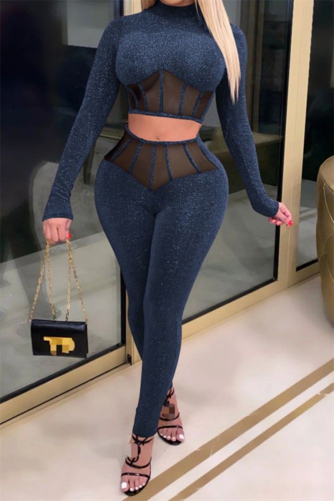 Stretch Dark Blue See Through Two-piece Set Size: S