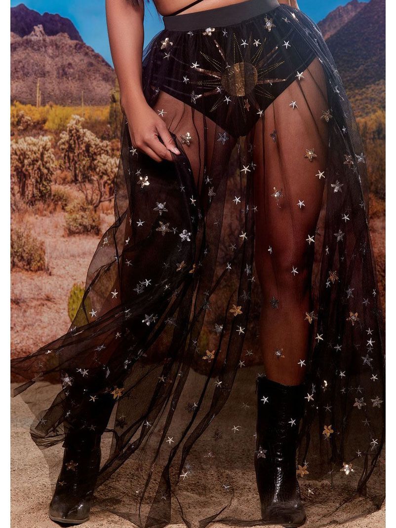 Black Sparkly Star Printed See Through Mesh Skirt|Size: M