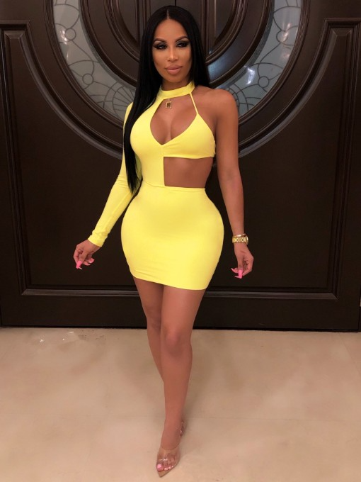 A195|Yellow Halter Neck One Shoulder Long Sleeve Mini Dress Size: S