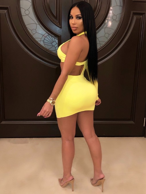 A195|Yellow Halter Neck One Shoulder Long Sleeve Mini Dress Size: S