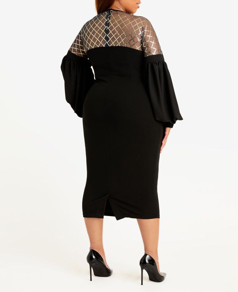 #D160 Black Long Sleeve Sequin Sheer Trim Cocktail Dress Size: 14/16