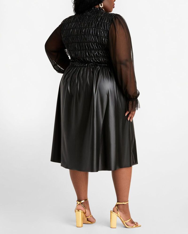 F017|Black Faux Leather/Mesh Trim Smocked Dress Size: 18/20