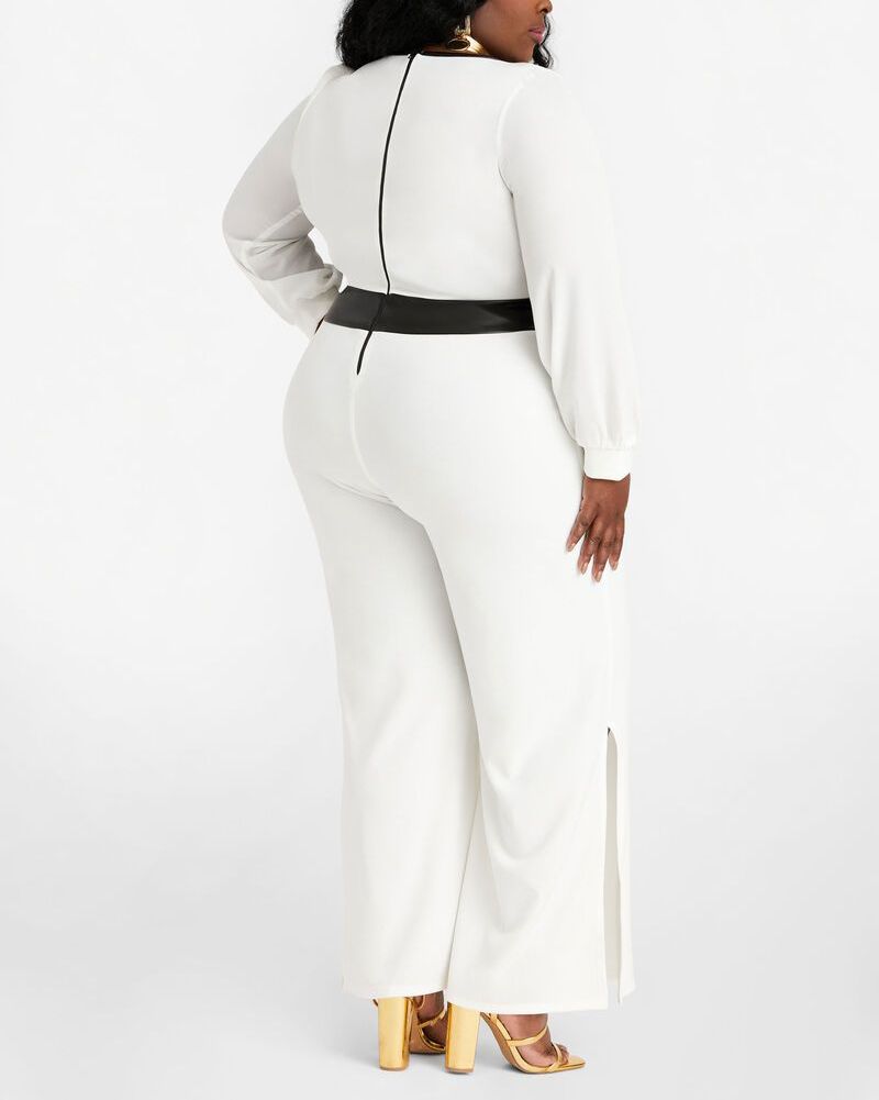 White Long Sleeve Faux Leather Trim Jumpsuit|Size: 18/20