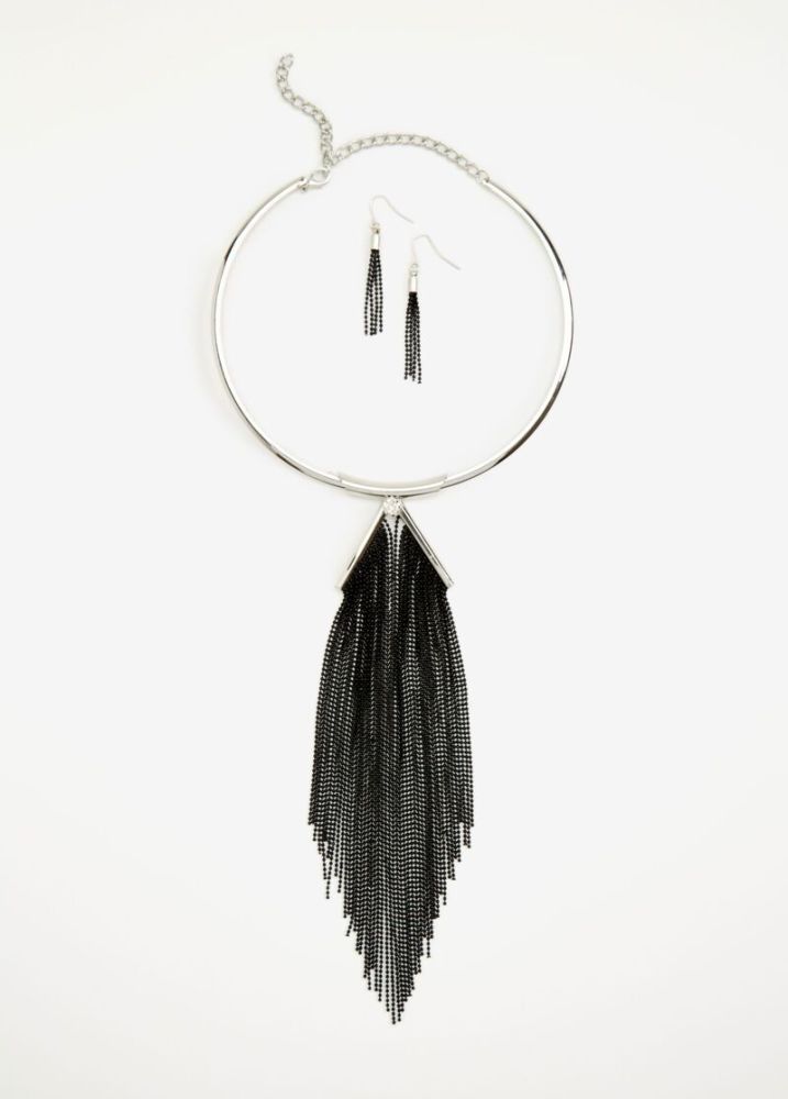 Silver/Black Chandelier Collar Necklace Set