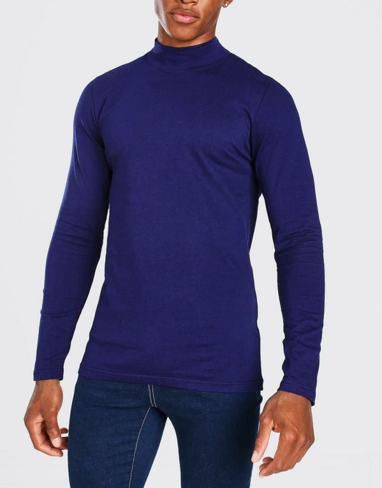 Turtleneck Navy Blue/Muscle Fit Long Sleeve T-Shirt|Size: S