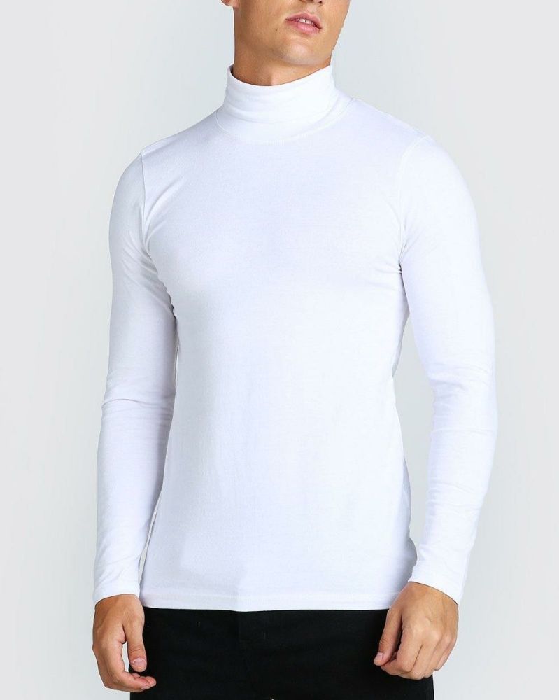 Turtleneck White Muscle Fit Long Sleeve T-Shirt|Size: M
