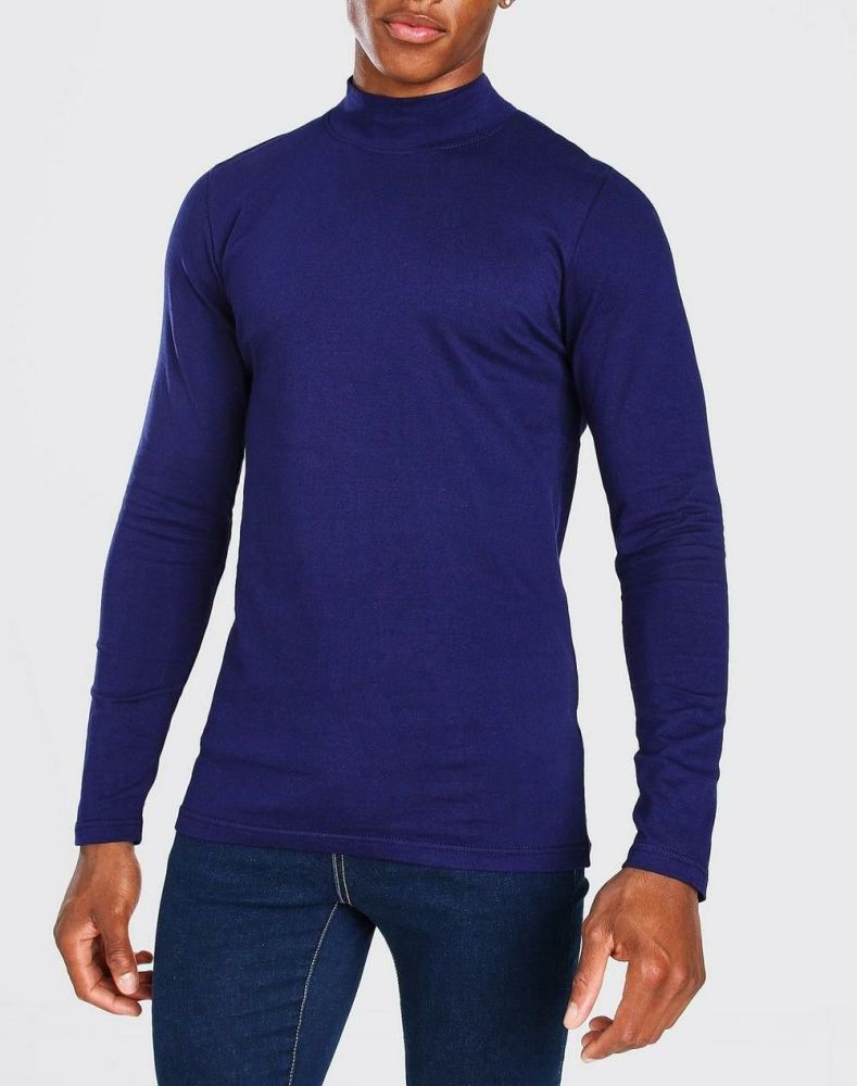 Turtleneck Navy Blue/Muscle Fit Long Sleeve T-Shirt|Size: XS