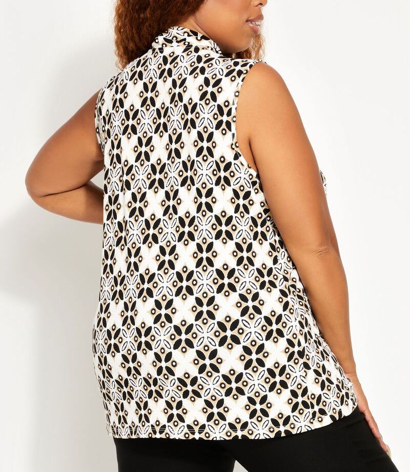 Printed Tie Neck Cutout Top|Size: 2XL
