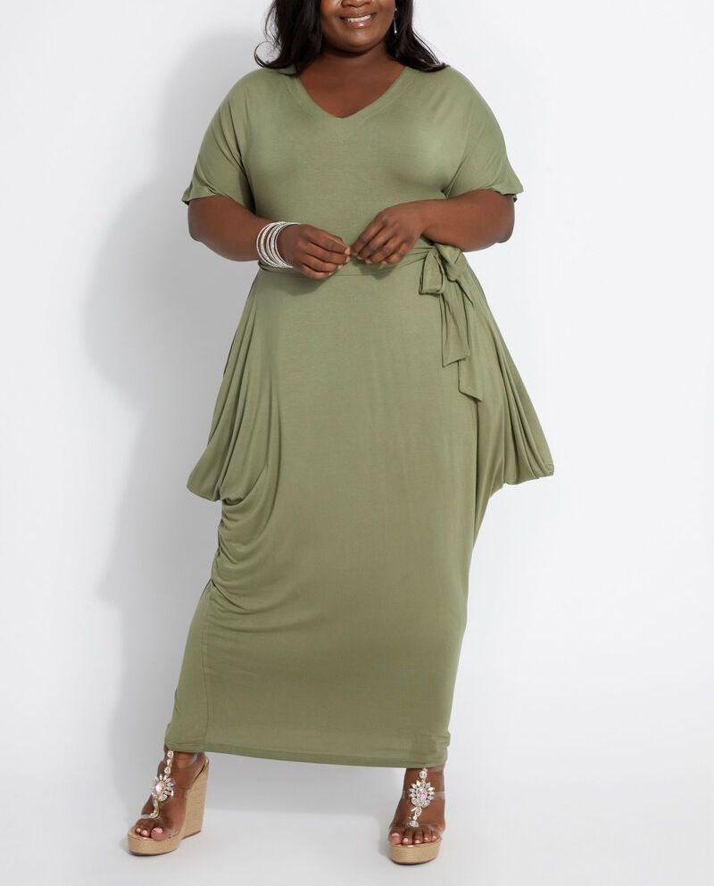 C047|Olive Green Belted Maxi Dress Size: L