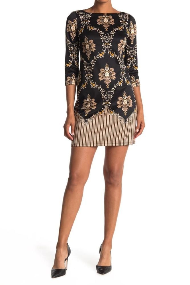 C391 London Times Printed 3/4 Sleeve Shift Dress Size: 12