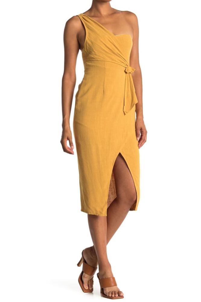 C104|One-Shoulder Faux Wrap Dress Size: L