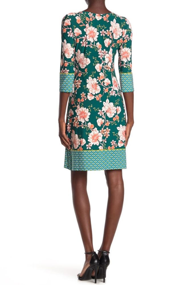 D445 London Times Floral Print Teal/Peach Jersey Shift Dress Size: 1X