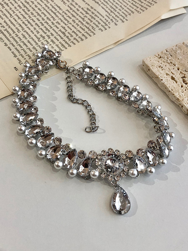 Silver Rhinestone/Pearl Choker Necklace