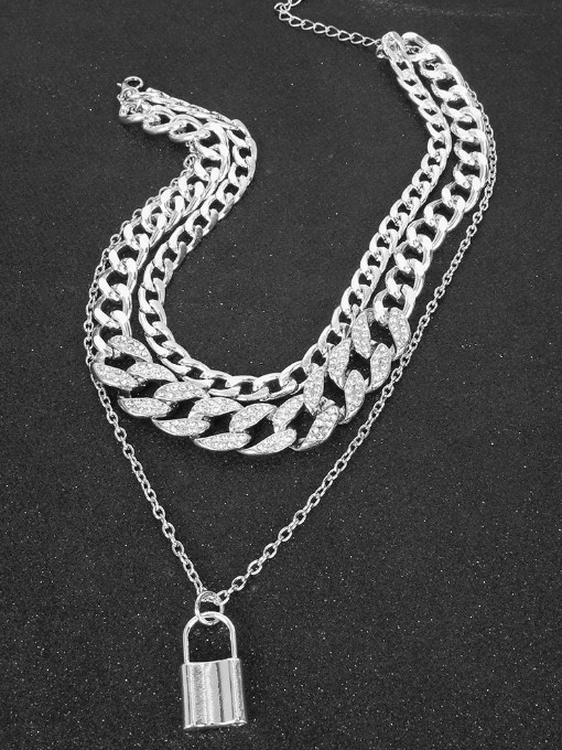 Rhinestone/Fashion Lock Pendant Silver Necklace Chain