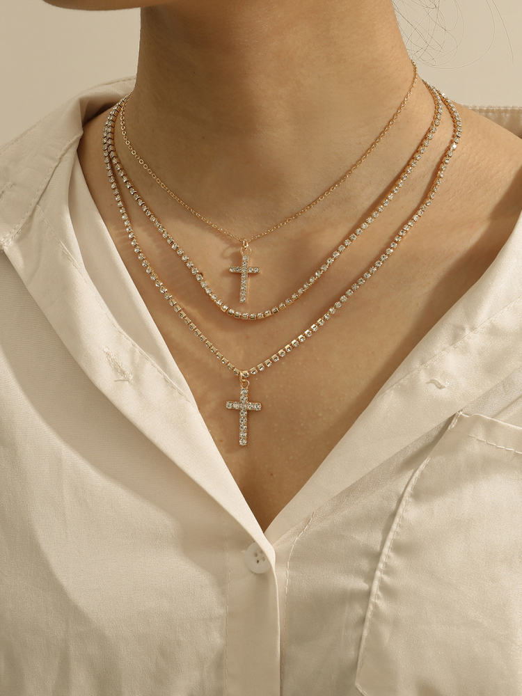 Gold/Rhinestone Cross Pendant Layered Necklace
