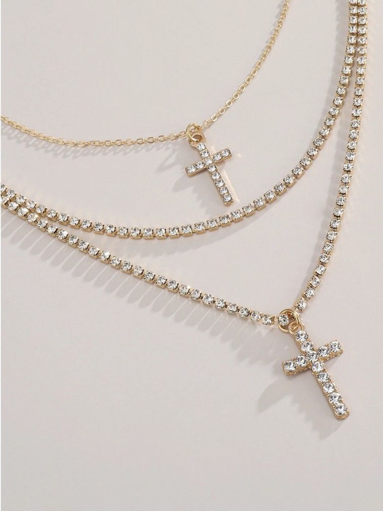 Gold/Rhinestone Cross Pendant Layered Necklace SKU: GRCP-3PN
