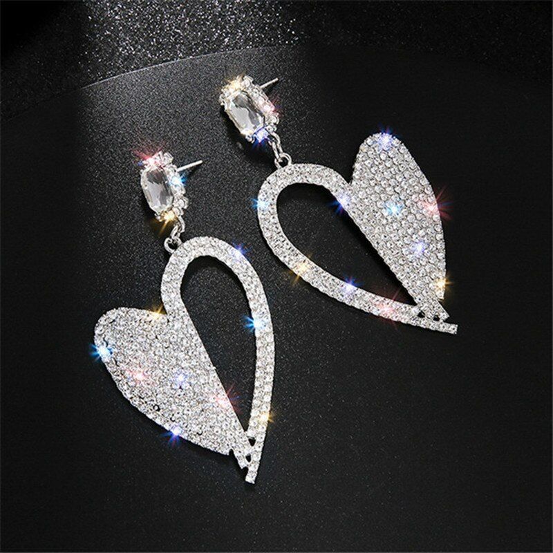 Silver Rhinestone/Crystal Heart Drop Earrings 