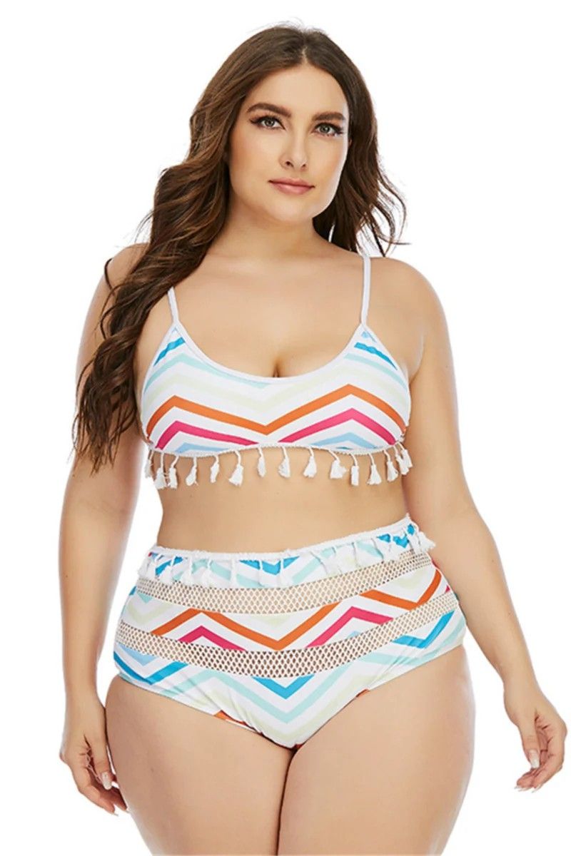 Stripes Print/Tassels Two-piece Swimwear|Size: 3XL