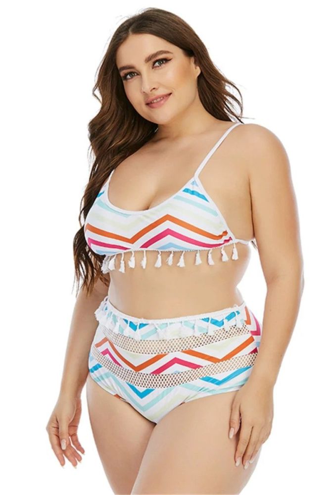 Stripes Print/Tassels Two-piece Swimwear Size: 2XL