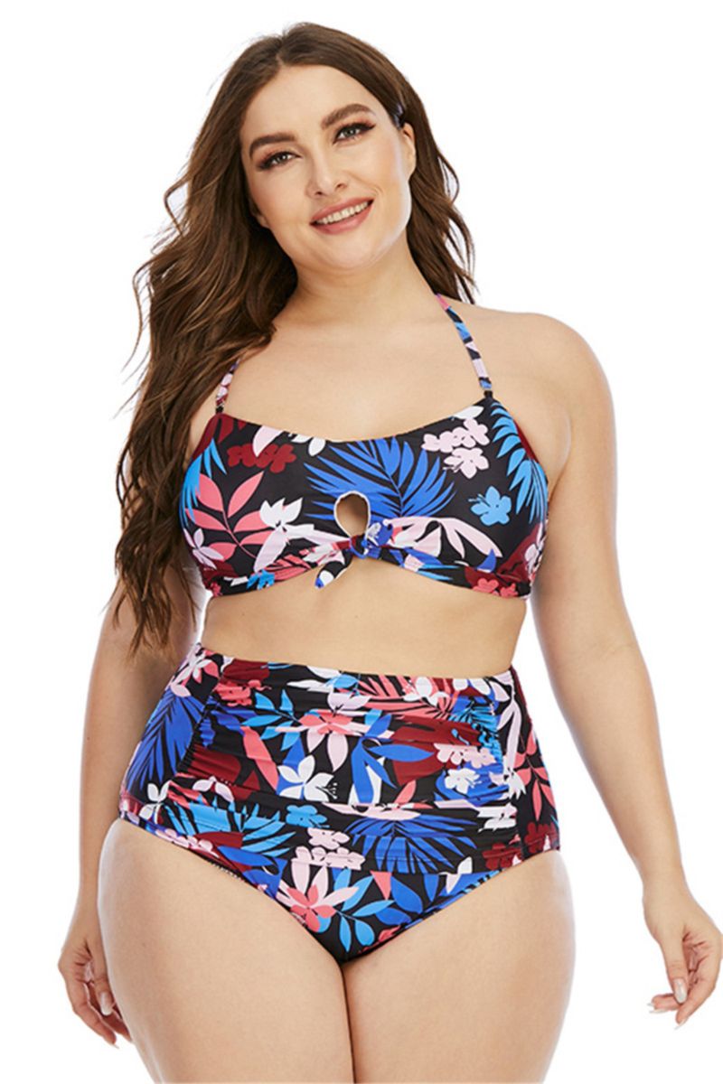 Multicolor Leaves Print High Waist Two-piece Swimwear|Size: 4XL