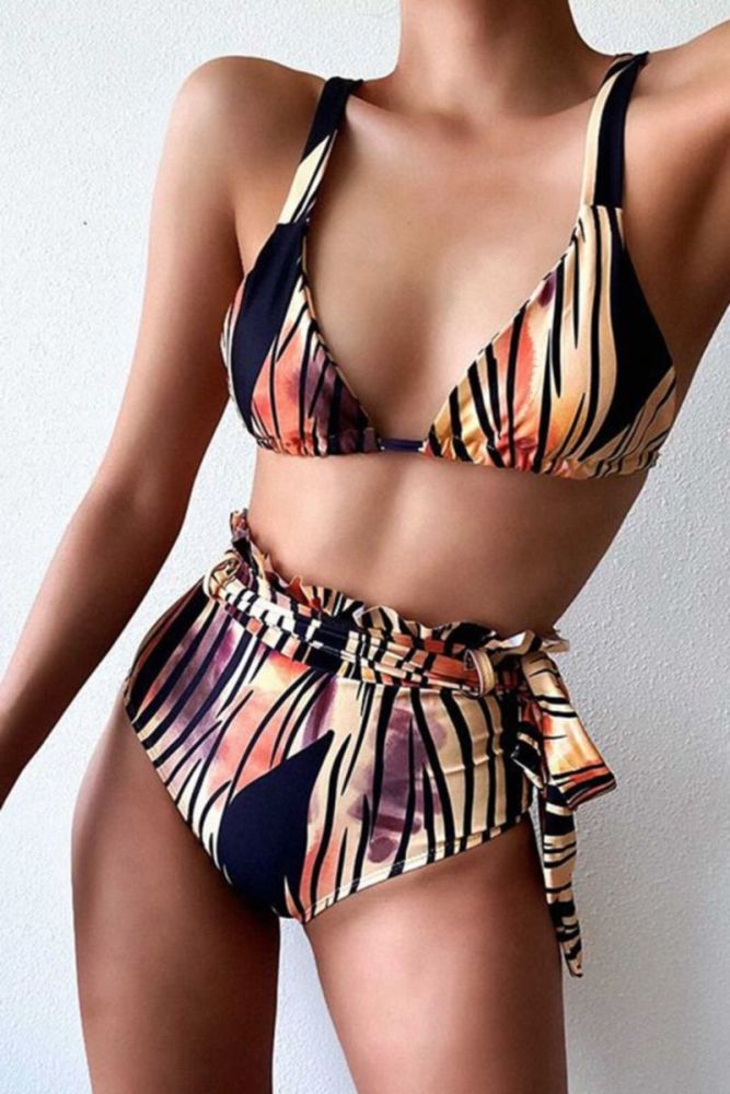 Stripes Print High Waist Lace-up Two-piece Swimwear|Size: L