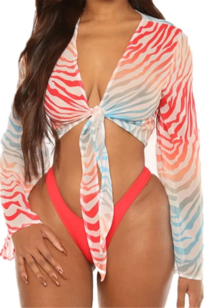 3-piece Bikini Stripes Print/Cover-ups|Size: L