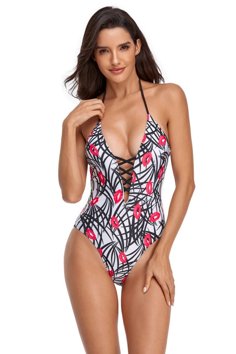 Lips Print One-piece Bikini|Size: L 