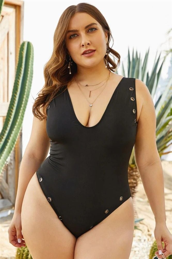 Black Low-cut Stretch Fit One-piece Swimsuit Size: 3XL