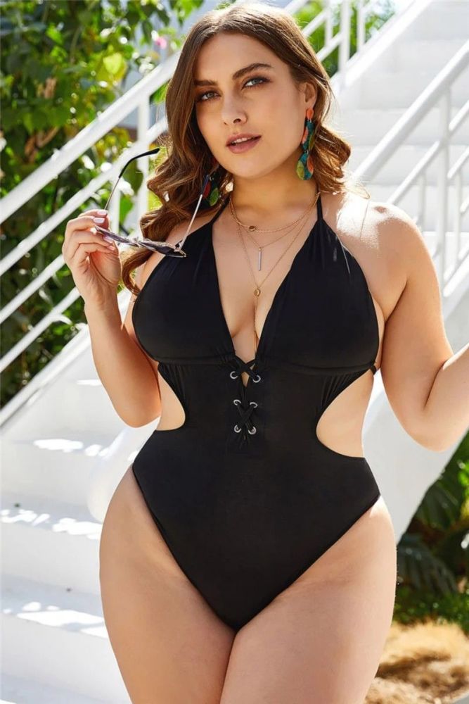 Black Lace-up Stretch One-piece Swimsuit|Size: L