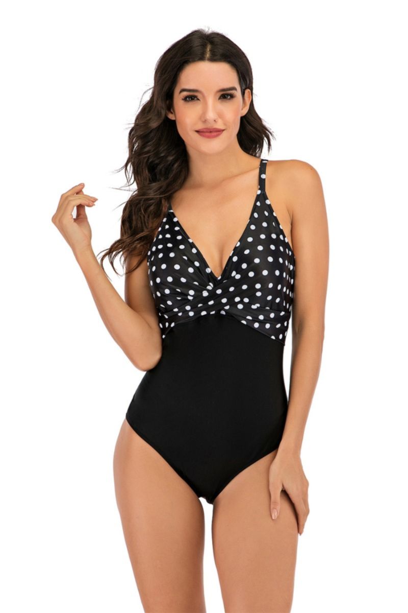Black/Dots Print One-piece Bikini|Size: 3XL