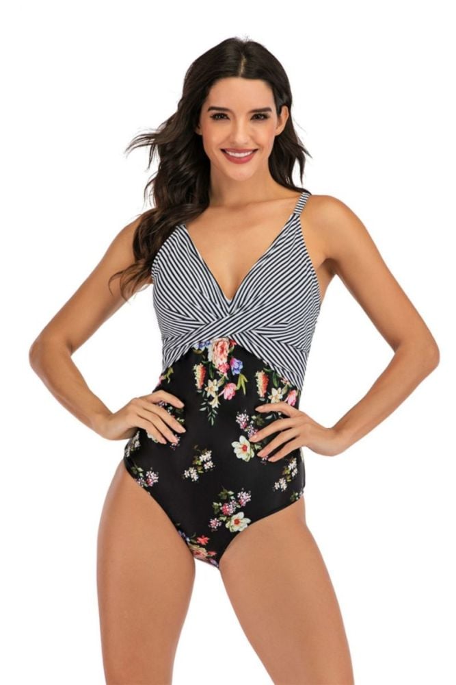 Flowers Print/Stripe One-piece Bikini Size: 3XL