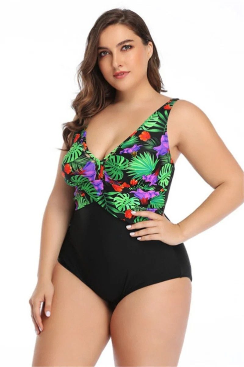 Black/Leaves Print V-neck One-piece Swimsuit|Size: 4XL 