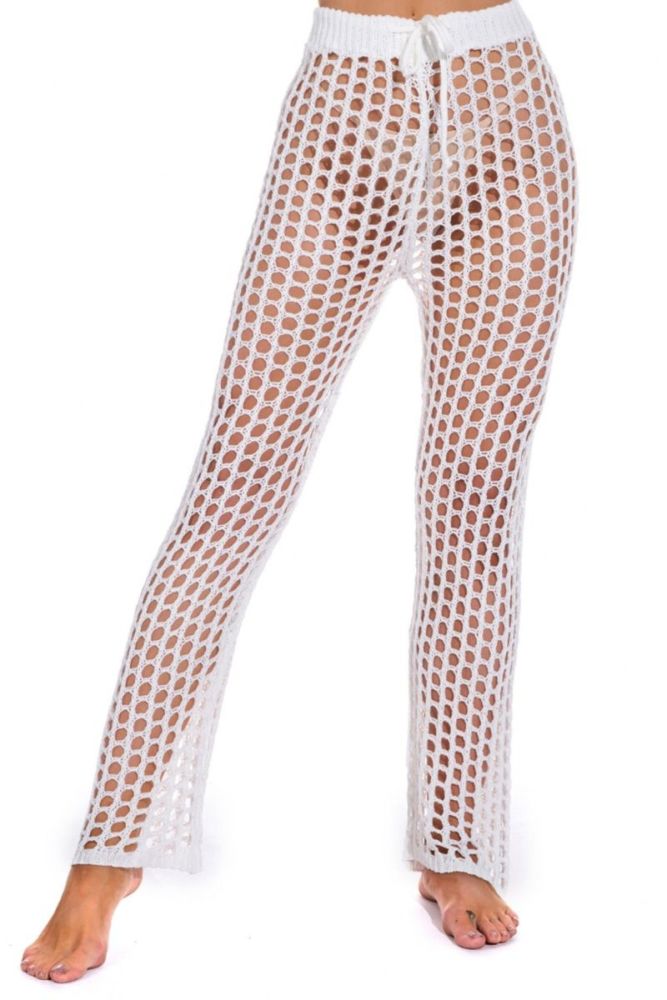 White See Through Crochet Stretch Lace-up Pant|Size: M