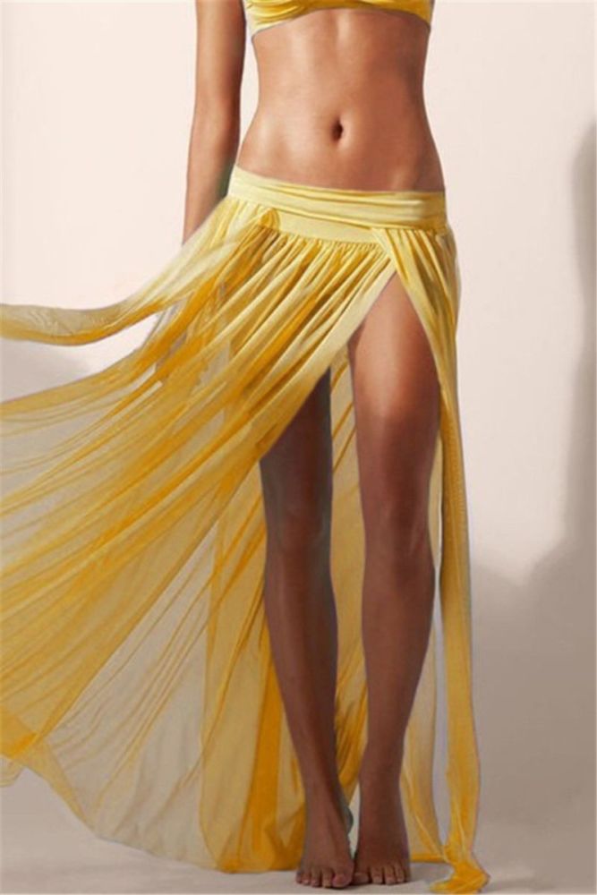Yellow See Through Mesh High Slit Skirt Cover-ups|Size: S