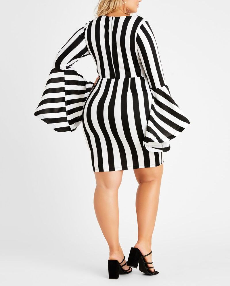 D018|Black/White Striped Dramatic Sleeve Bodycon Dress|Size: 14/16