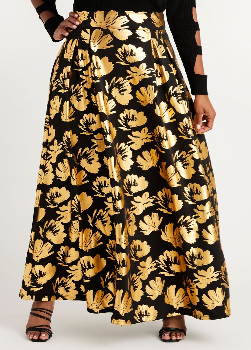 Gold Foil Floral Print Midi Skirt|Size: 1XL