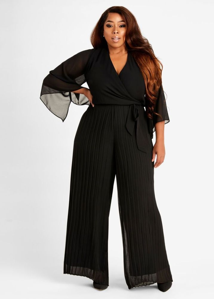 Long Sleeve Black Sheer Pleated Wide Leg Jumpsuit|Size: 5XL