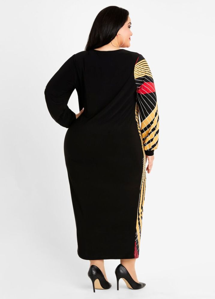 #D243 Printed Long Sleeve Colorblock Midi Dress Size: 1XL
