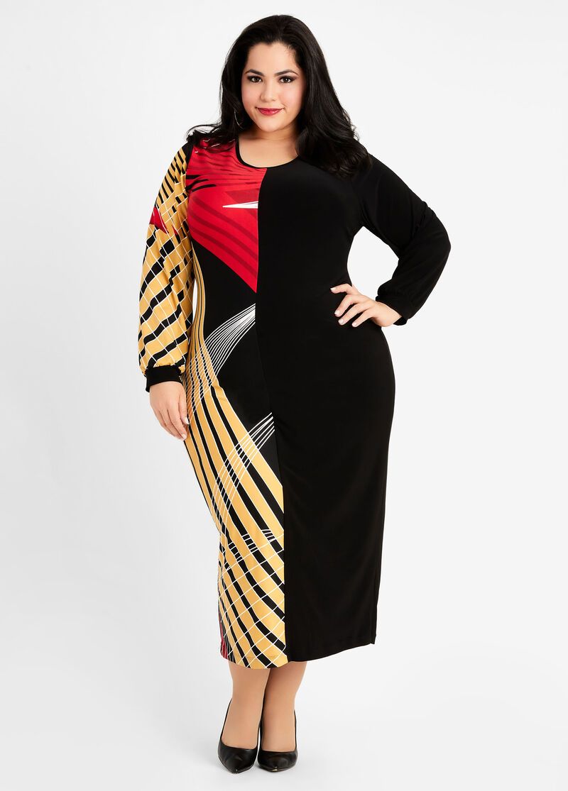 Printed Long Sleeve Colorblock Midi Dress|Size: 1XL