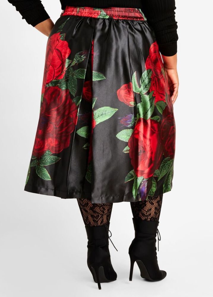  Satin Floral Print/Flared High Waist Skirt Size: 1X