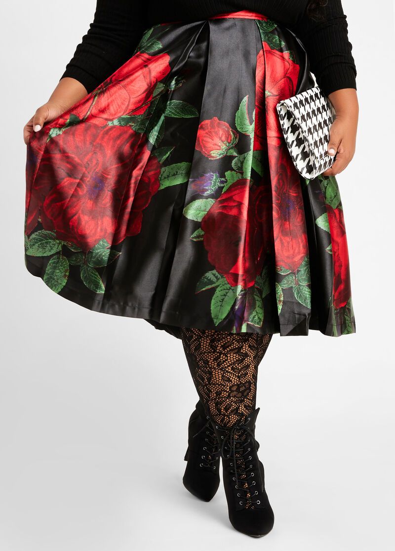  Satin Floral Print/Flared High Waist Skirt|Size: 1X
