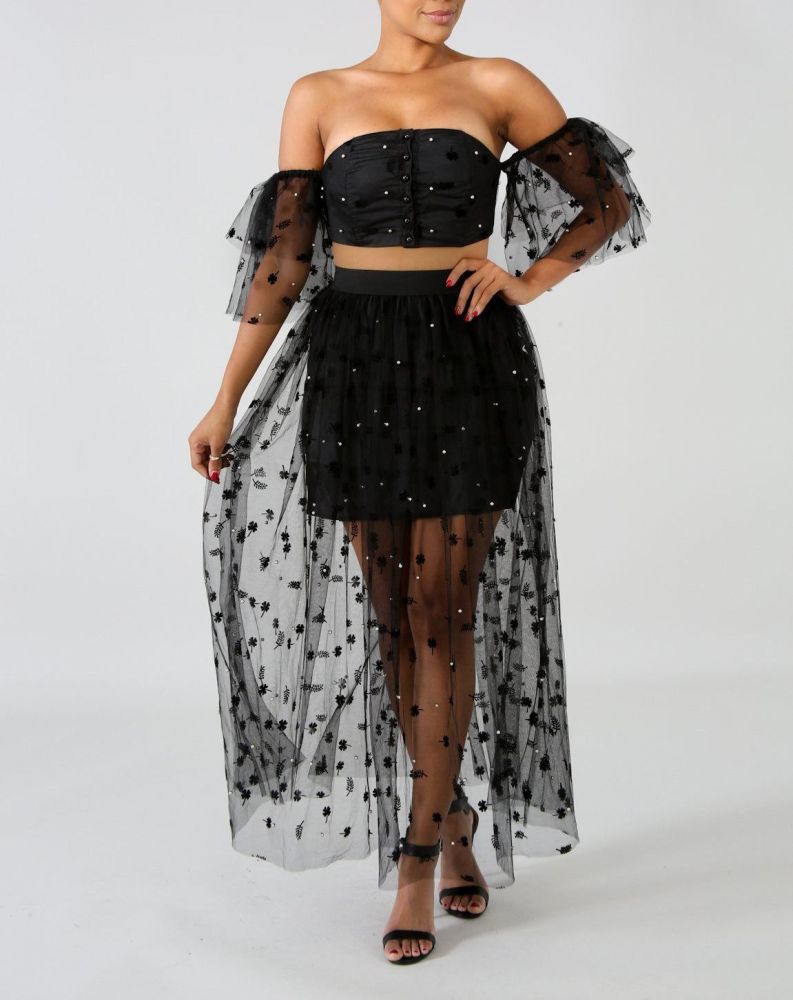 Black Off The Shoulders Two Piece Skirt Set|Size: M