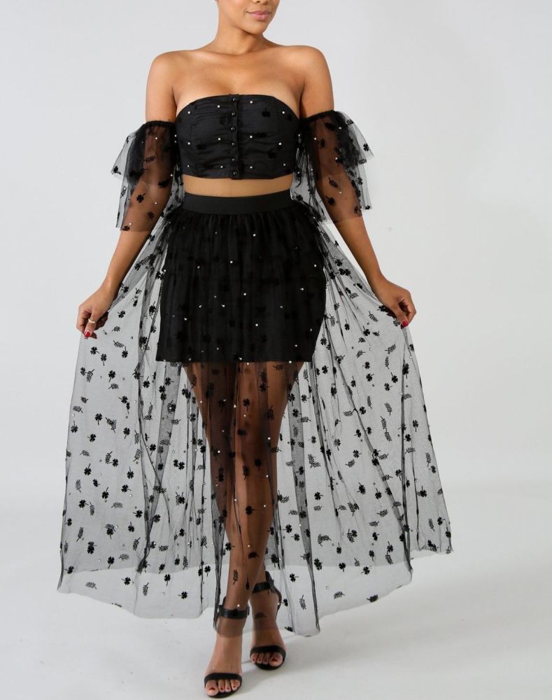 Black Off The Shoulders Two Piece Skirt Set|Size: M