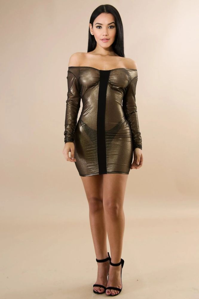 B267|Bronze Long Sleeve Sheer Dress Size: M