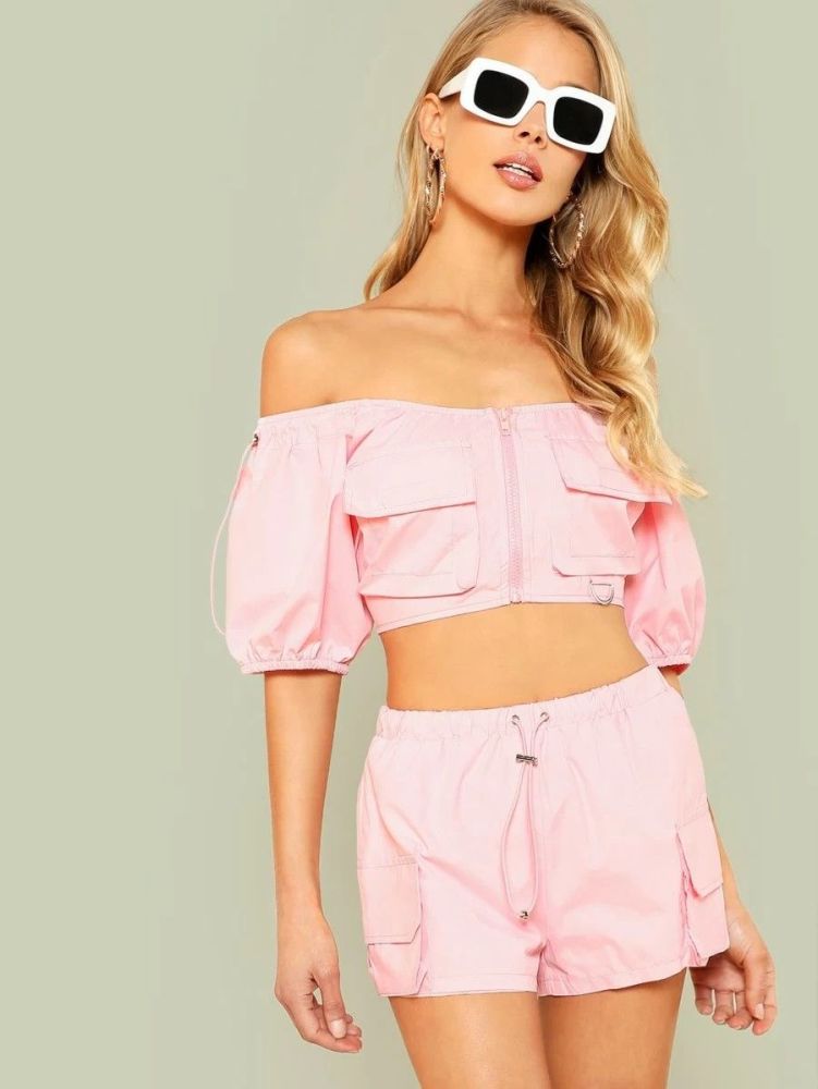Pink Off Shoulder Puff Sleeve Zip Up Crop Top Matching Set Size: M