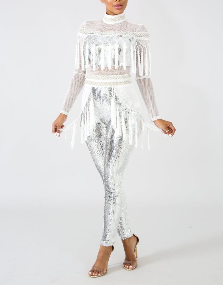 White/Silver Sequin Fringe Net Jumpsuit Size: M 
