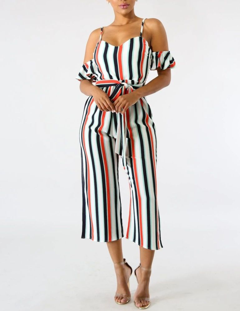  Stripe Off Shoulder Short Sleeve Jumpsuit|Size: XS