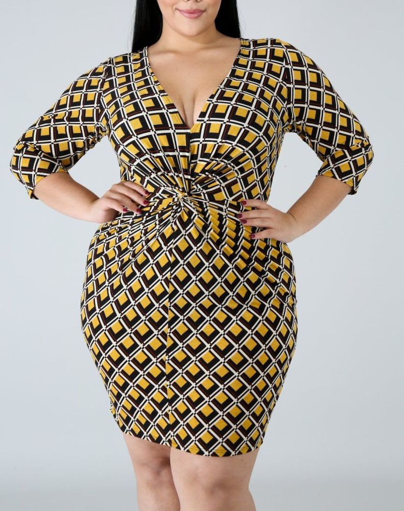 G020|Mustard Twisted Front Printed Dress Size: 3XL