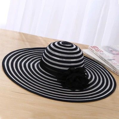 Black Striped Mesh Trim Floppy Fashion Hats|Size: (One Size Fits Most)