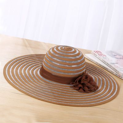 Brown Striped Mesh Trim Floppy Fashion Hats|Size: (One Size Fits Most)